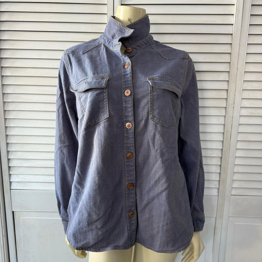 CAbi Blue Button Down Shirt with Mandarin Collar